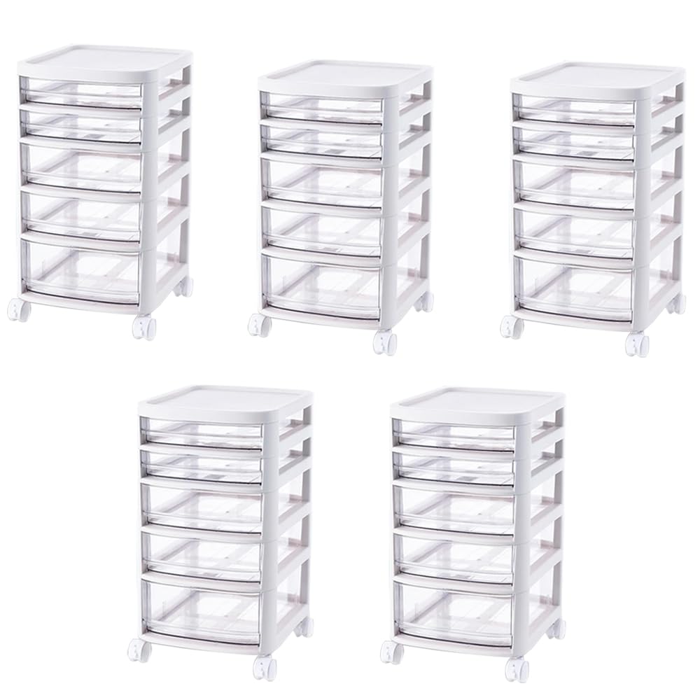 Kuber Industries 5 Layer Cosmetic Cabinet with Trolley|5-Tier Rolling Cart|Shelf Stand With Drawer|Pack of 5|White