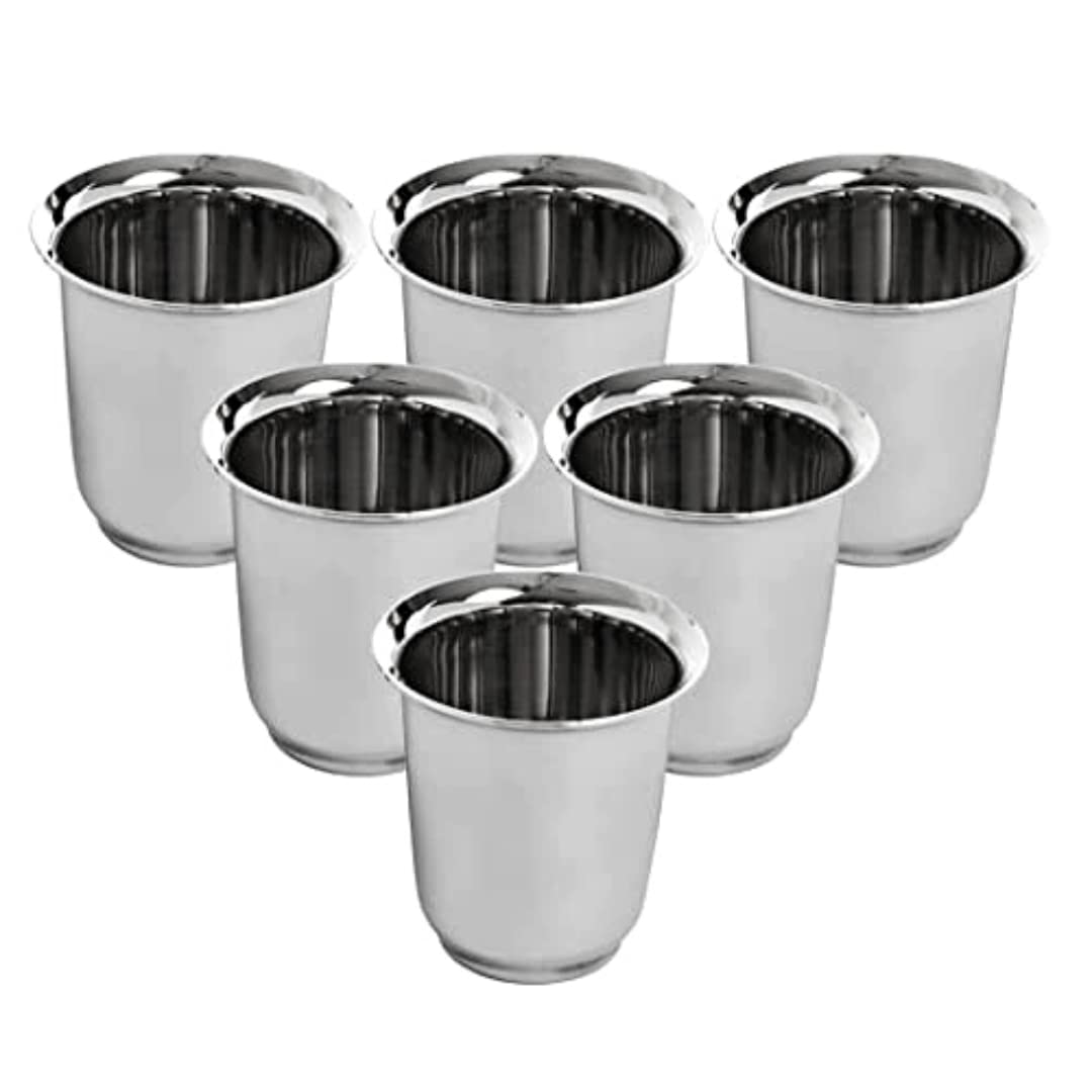 Set of 6: Stainless Steel Glasses - Elegant South Indian Design | 10x10x8 cm | Silver