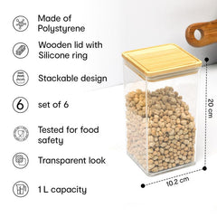 Anko 1 Litre Tall Airtight Transparent Plastic Food Storage Container-Set of 6|Leak-proof with Bamboo Lid|Food-grade Kitchen Organiser|BPA Free|Jars/Containers Ideal for Cereals, Pasta, Cookies, Nuts