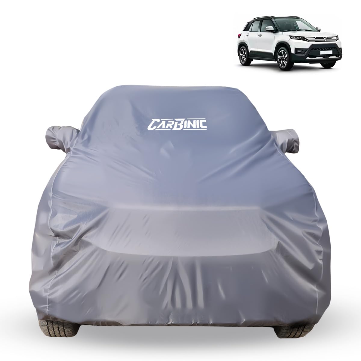 CARBINIC Car Body Cover for Maruti Brezza 2022 | Water Resistant, UV Protection Car Cover | Scratchproof Body Shield | Dustproof All-Weather Cover | Mirror Pocket & Antenna | Car Accessories, Grey