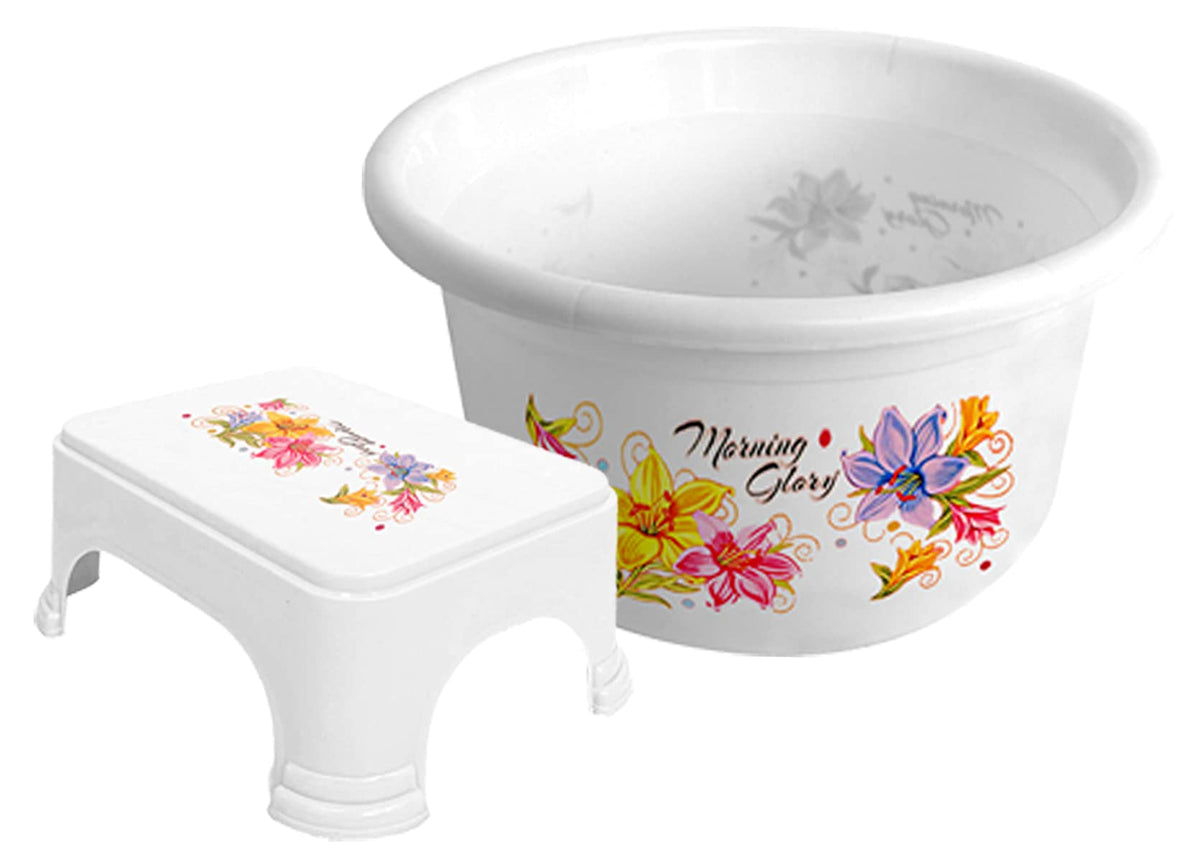 Kuber Industries Printed 2 Pieces Plastic Bathroom Tub & Stool Set (White)