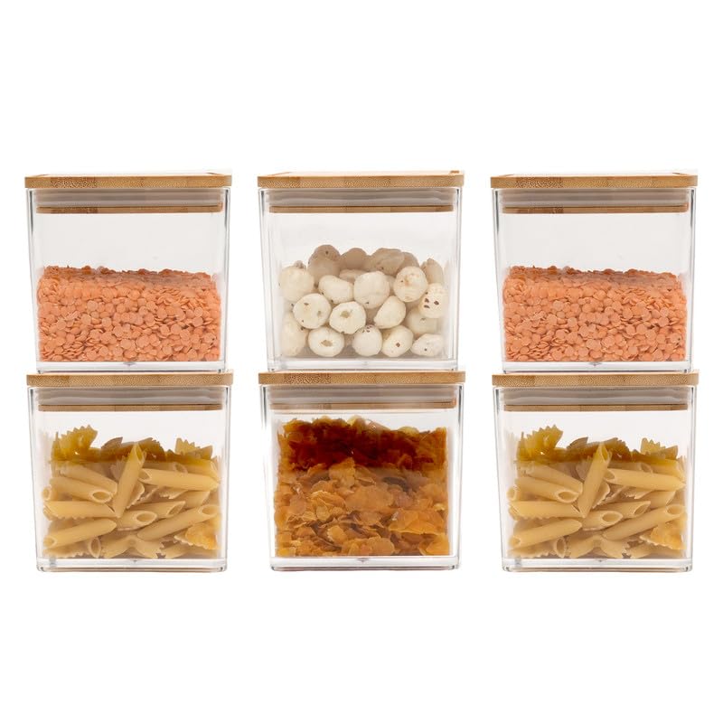 Anko 500 ML Acrylic Airtight Food Storage Container With Bamboo Wood Lid - Pack of 6|BPA-free Multi-utility Leak-proof Clear Acrylic Container for Spices, Dried Herbs, Nuts and Other Condiments