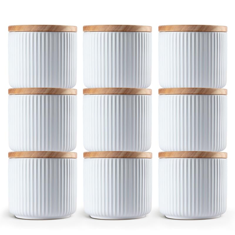 Anko 400mL Ribbed Kitchen Canister Container - Pack of 9|Airtight Reusable Storage Box with Rubberwood Lid for Coffee, Sugar, Tea, Spices|Scratch Resistant Multipurpose Organizer Jar, White