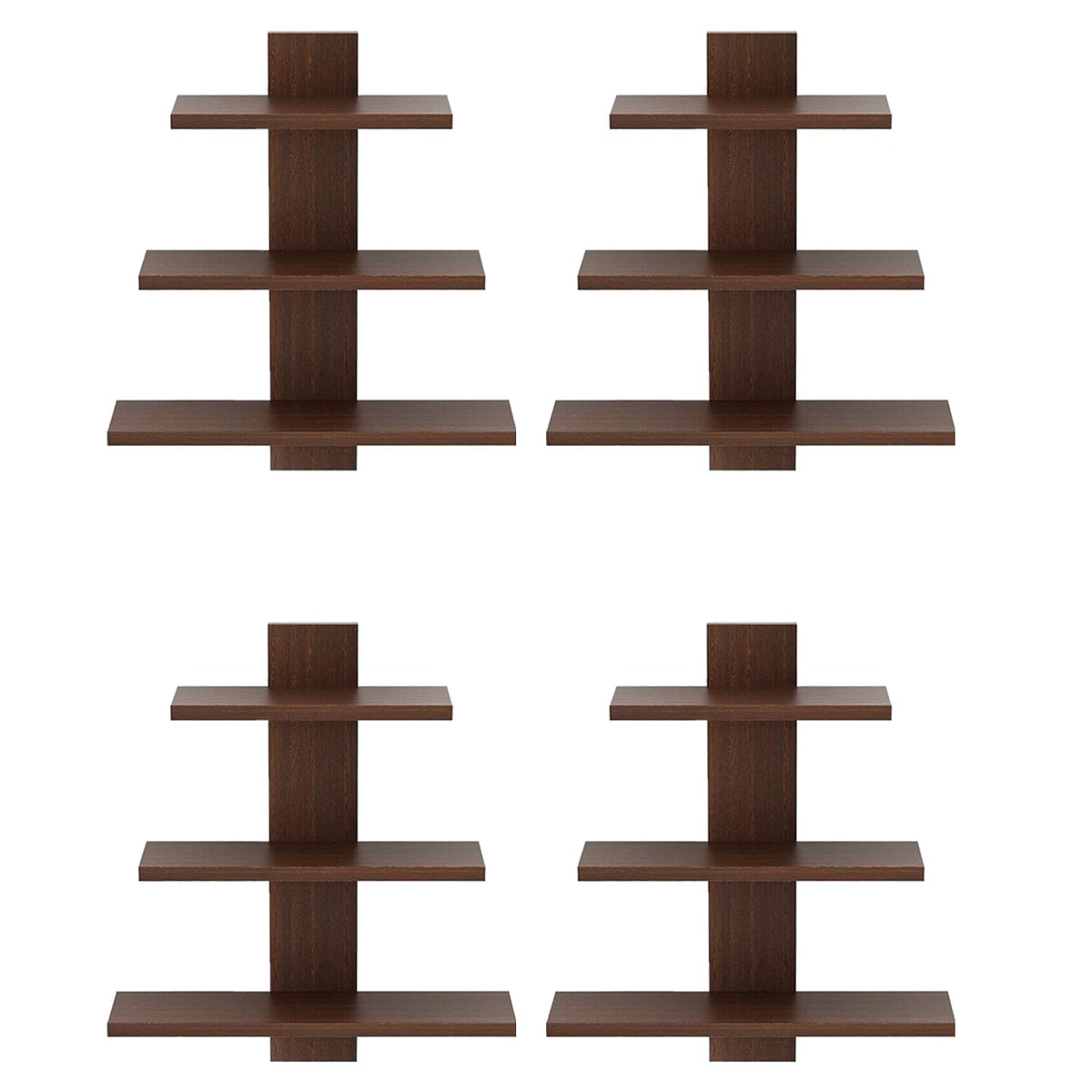 Kuber Industries Wooden Wall Shelf|Multipurpose Tree Shape Display Rack|Engineered Wood Mount 3 Tier Shelves for Office & Home Décor (Brown) (Pack of 4)