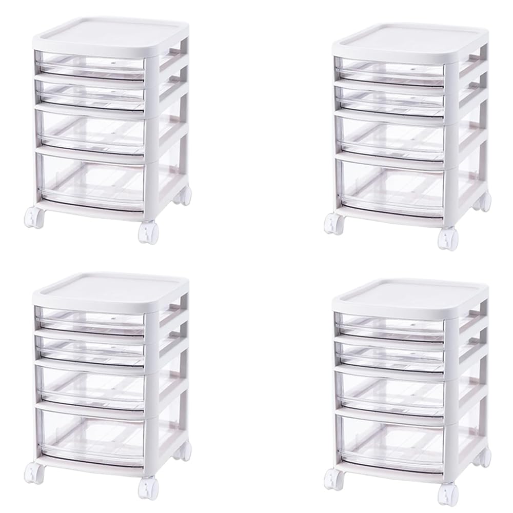 Kuber Industries 4 Layer Cosmetic Cabinet with Trolley|4-Tier Rolling Cart Storage Organizer|Shelf Stand With Drawer|pack of 4|White