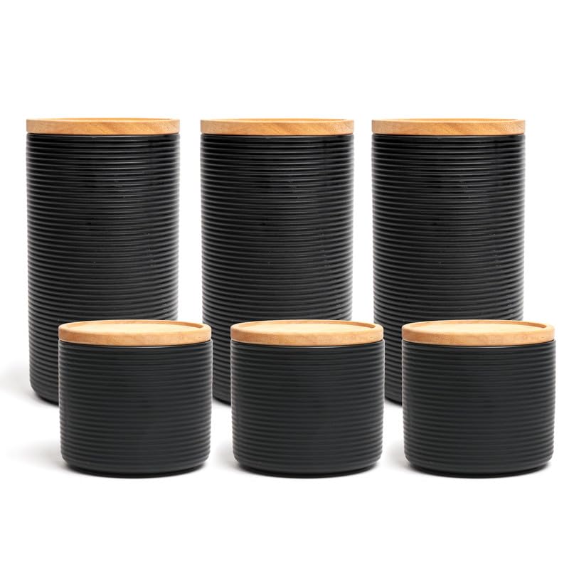 Anko 300ml & 1.7L Stoneware Ceramic Jars for Kitchen Storage | Airtight Container Set for Kitchen with Rubberwood Lid & Silicone Ring | Kitchen Container for Snacks, Tea, Sugar | Black | Set of 6