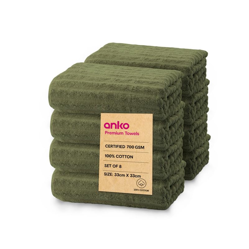 Anko Australia 100% Cotton 700 GSM Ribbed Face Towel | Set of 8 | Super-Soft, Absorbent, Quick-Drying | Olive Green Towel for Men, Women & Kids | 33x33 cm |Travel, Gym, Spa Towel