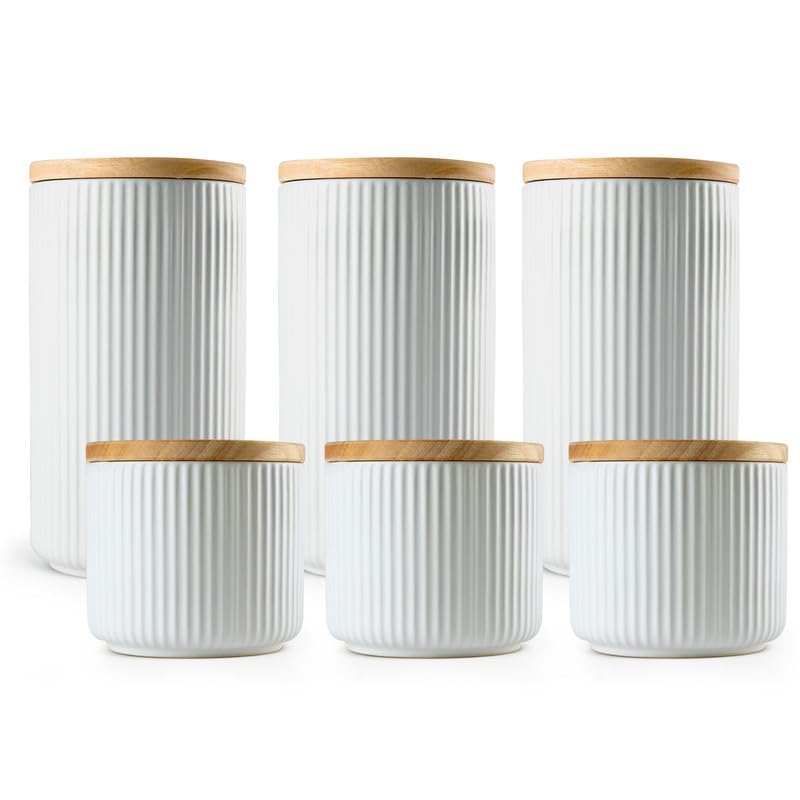 Anko Ribbed Kitchen Canister Container-Pack of 6|3 Large (800mL) & 3 Small (400mL)|Airtight Reusable Storage Box with Rubberwood Lid|Scratch Resistant Multipurpose Organizer Jar, White