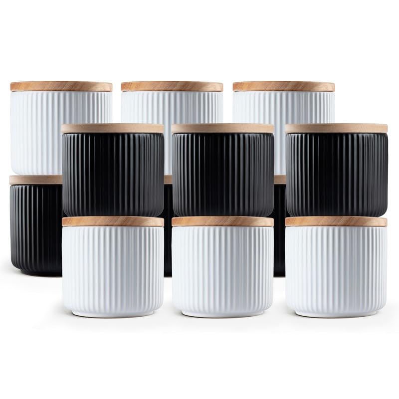 Anko 400mL Ribbed Kitchen Canister Container-Pack of 12|6 Black & 6 White|Airtight Reusable Storage Box with Rubberwood Lid for Coffee, Sugar, Tea, Spices|Scratch Resistant Multipurpose Organizer Jar