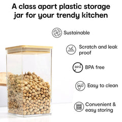 Anko 1 Litre Tall Airtight Transparent Plastic Food Storage Container-Set of 2|Leak-proof with Bamboo Lid|Food-grade Kitchen Organiser|BPA Free|Jars/Containers Ideal for Cereals, Pasta, Cookies, Nuts