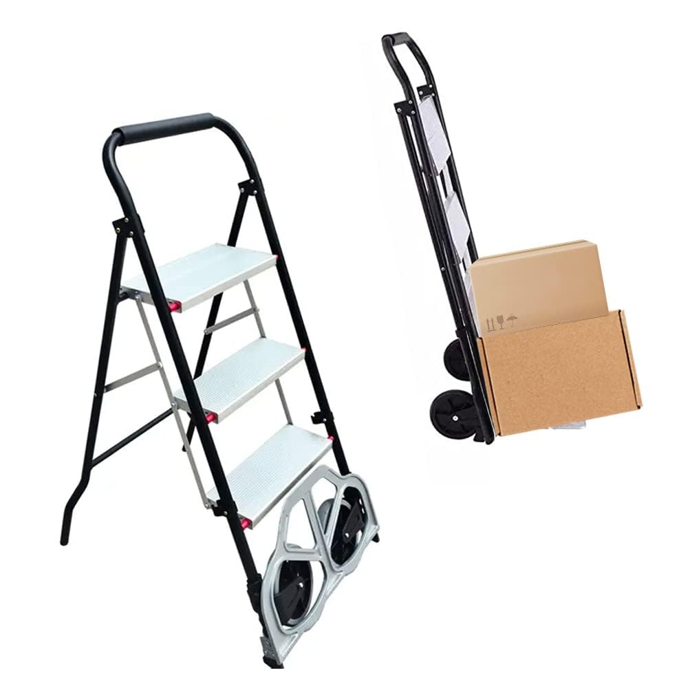 Cheston 2 in 1 Metal Hand Truck Cum 3-Step Aluminium Ladder | 3.4 Ft Anti - Skid Step Ladder with Wide Pedal & TPR Hand Grip Shock-Resistant Foldable Ladder for Home Use