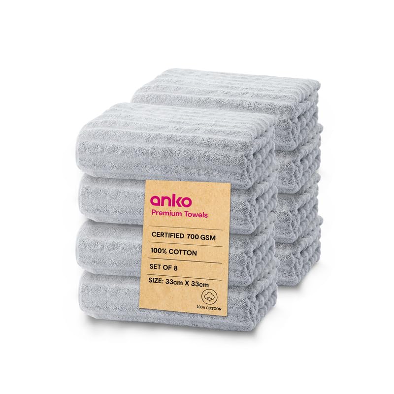 Anko Australia 100% Cotton 700 GSM Ribbed Face Towel | Set of 8 | Super-Soft, Absorbent, Quick-Drying | Grey Towel for Men, Women & Kids | 33x33 cm |Travel, Gym, Spa Towel