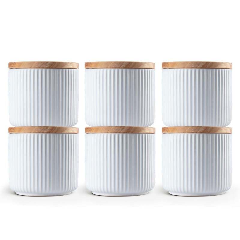 Anko 400mL Ribbed Kitchen Canister Container - Pack of 6|Airtight Reusable Storage Box with Rubberwood Lid for Coffee, Sugar, Tea, Spices|Scratch Resistant Multipurpose Organizer Jar, White