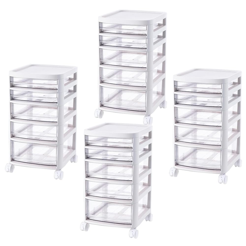 Kuber Industries 5 Layer Cosmetic Cabinet with Trolley|5-Tier Rolling Cart|Shelf Stand With Drawer|Pack of 4|White