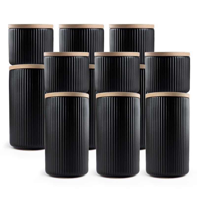 Anko Ribbed Kitchen Canister Container-Pack of 12|6 Large (800mL) & 6 Small (400mL)|Airtight Reusable Storage Box with Rubberwood Lid | Scratch Resistant Multipurpose Organizer Jar, Black