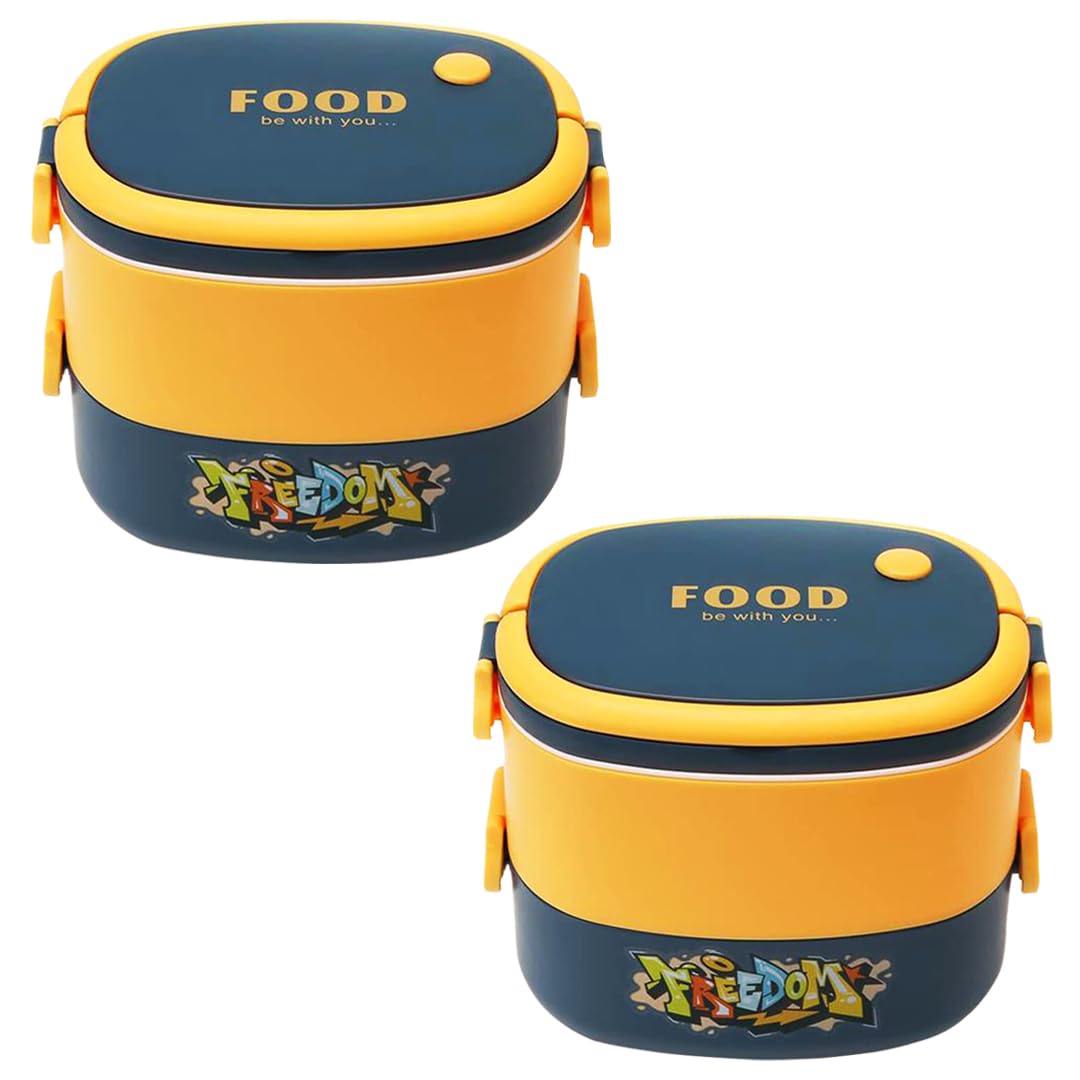 Kuber Industries Insulated Lunch Box With 2 Compartments|100% BPA Free, Food Grade ABS Plastic|Leakproof & Spill Proof|Dishwasher & Microwave Safe Lunch Box|1450 ML|HX0043341|Pack Of 2|Yellow & Blue