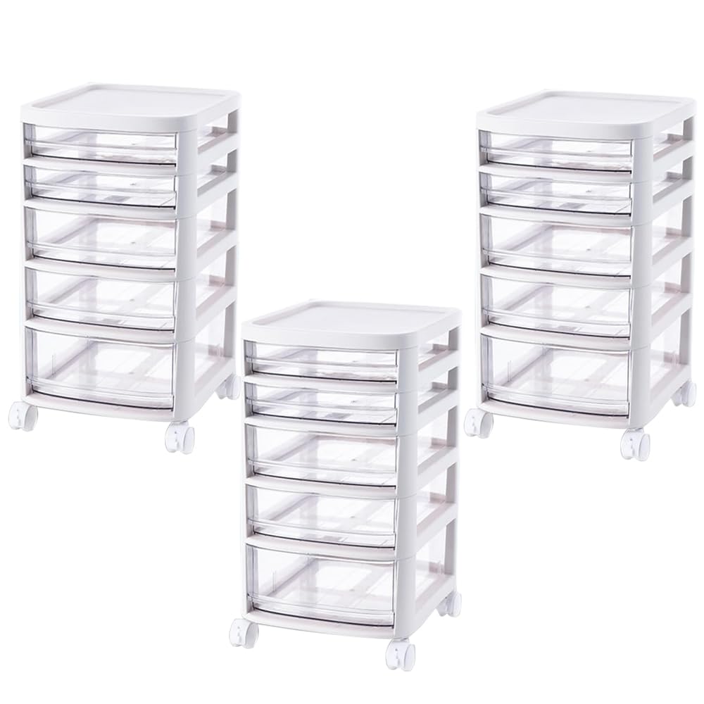 Kuber Industries 5 Layer Cosmetic Cabinet with Trolley|5-Tier Rolling Cart|Shelf Stand With Drawer|Pack of 3|White