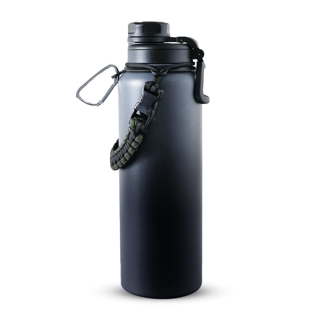 UMAI Stainless Steel Water Bottle|Vacuum Insulated Flask Water Bottles with Rope and Carabiner for Outdoor adventures, Fitness Activities, Daily Commute|Hot and Cold Water Bottle | 1200ml | Black-Grey