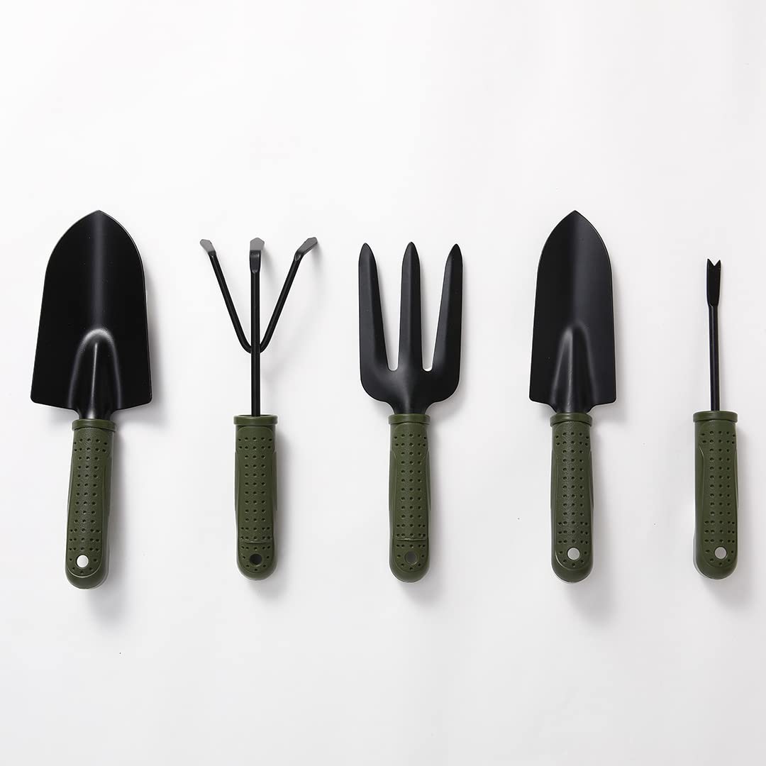 Kuber Industries Garden Tools Set | Small & Big Hand Trowels | Hand Cultivator | Hand Weeder & Fork | Carbon Steel| Set of 5 | Green & Black Gardening Equipment | Ergonomic Design