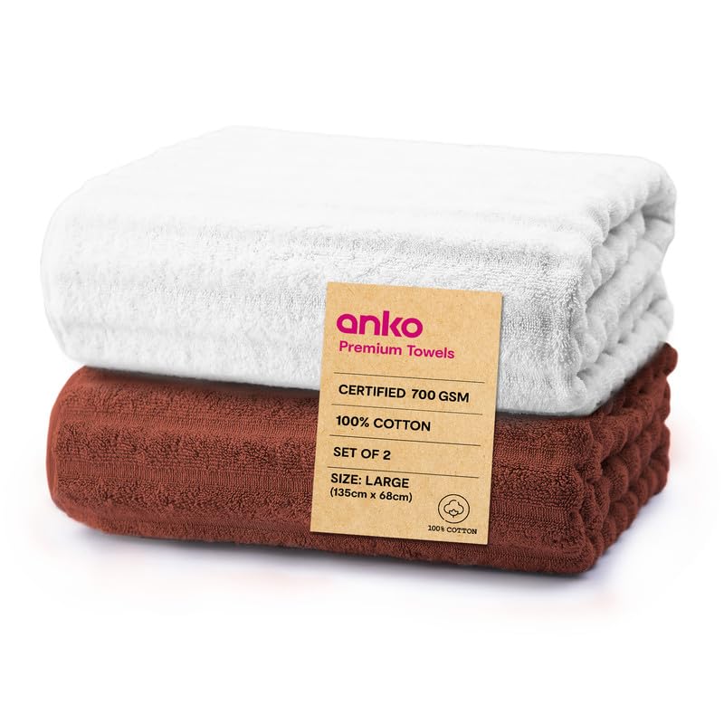 Anko Australia 100% Cotton 700 GSM Large Ribbed Bath Towel | Set of 2 | Super-Soft, Absorbent, Quick-Drying | White & Rust Towel for Men, Women & Kids | 135x68 cm |Travel, Gym, Spa Towel