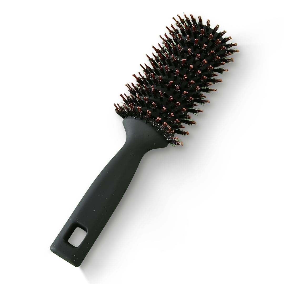 Rey Naturals Round Vented Hair Brush for men and women | Quick Drying & Pain Free Detangling | hair care products | Hair comb | Flexible Nylon Bristles (Black)