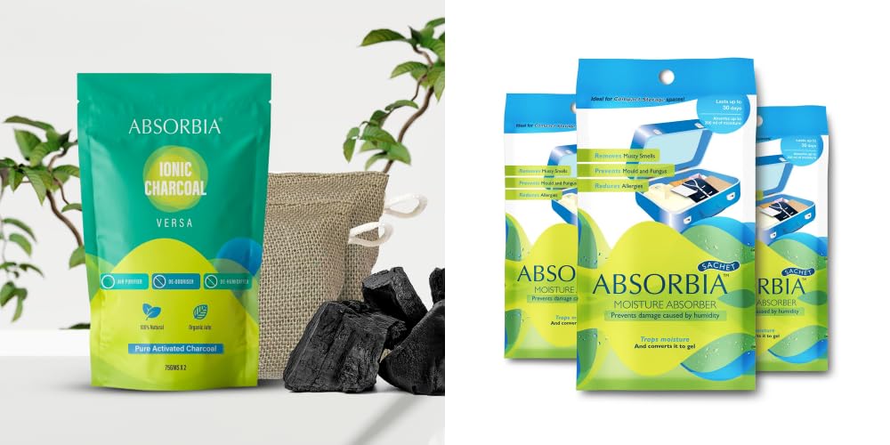 Absorbia Charcoal Bag 75gx2| Absorbia Moisture Absorber Absorbia Sachet - Pack of 3 (200ml Each) | Dehumidier for Bags, Suitcases Drawers