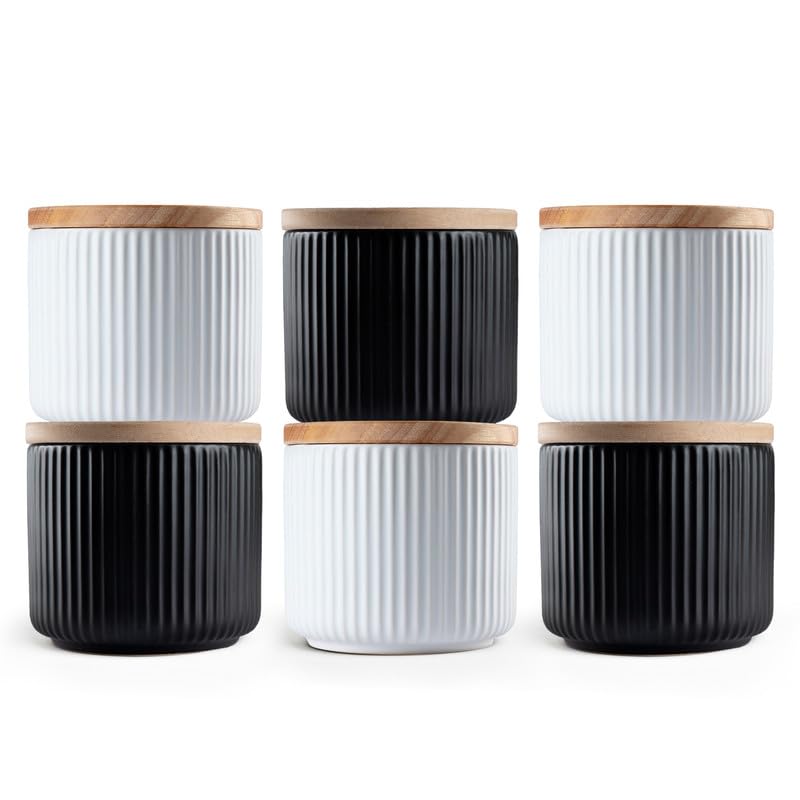 Anko 400mL Ribbed Kitchen Canister Container-Pack of 6|3 Black & 3 White|Airtight Reusable Storage Box with Rubberwood Lid for Coffee, Sugar, Tea, Spices|Scratch Resistant Multipurpose Organizer Jar