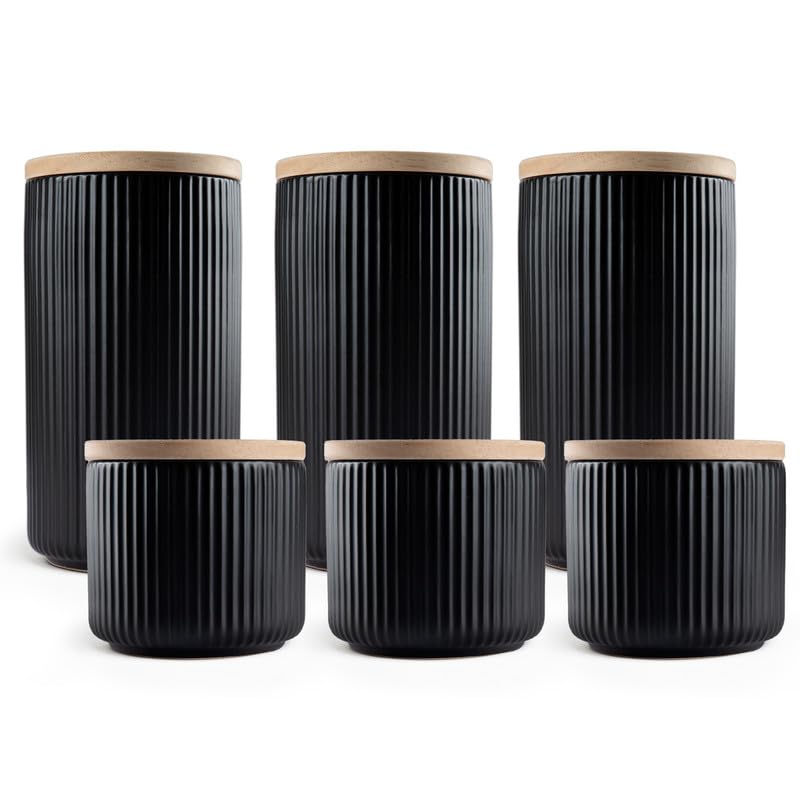 Anko Ribbed Kitchen Canister Container-Pack of 6|3 Large (800mL) & 3 Small (400mL)|Airtight Reusable Storage Box with Rubberwood Lid |Scratch Resistant Multipurpose Organizer Jar, Black