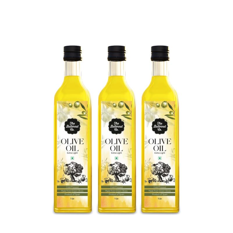 The Butternut Co. Cold Pressed Extra Light Olive Oil, Premium Cooking Oil, Perfect for Frying, Dressing, Garnishing & Drizzling on Salads, Good for Digestion and Heart, Daily Use, 1 Litre (Pack of 3)