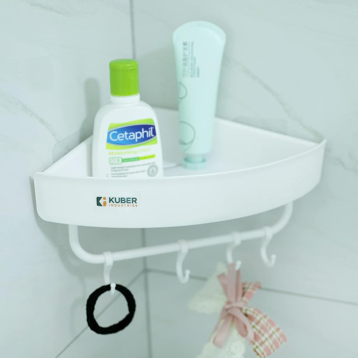 Kuber Industries Bathroom & Kitchen Organizer With Towel Hanger Hooks|Multipurpose Corner Wall Shelves|Self-Adhesive| PP|Pack of 10|A2910|White