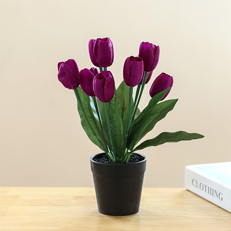 UMAI Artificial Flowers for Decoration with Wooden Pot | 27 CM Long | Aesthetic Room Decor Items for Living Room, Bedroom | Fake Plants For Office Desk, Reception, Shelves |Dark Purple Tulip Flowerpot