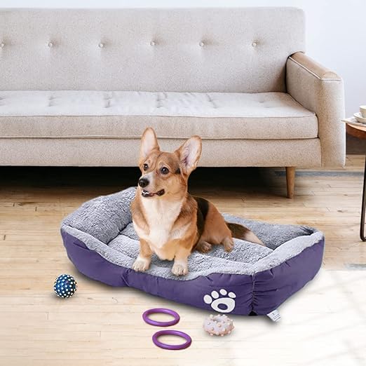 Petvit Dog & Cat Bed|Super Soft Plush Top Pet Bed|Oxford Cloth Polyester Filling|Machine Washable Dog Bed|Rectangular Cat Bed with Rise-Edge Pillow|QY036P-L|Purple