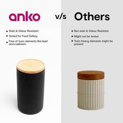 Anko 1.7L Stoneware Ceramic Jars for Kitchen Storage | Airtight Container Set for Kitchen with Rubberwood Lid & Silicone Ring | Kitchen Container for Snacks, Tea, Sugar | Black | Set of 6