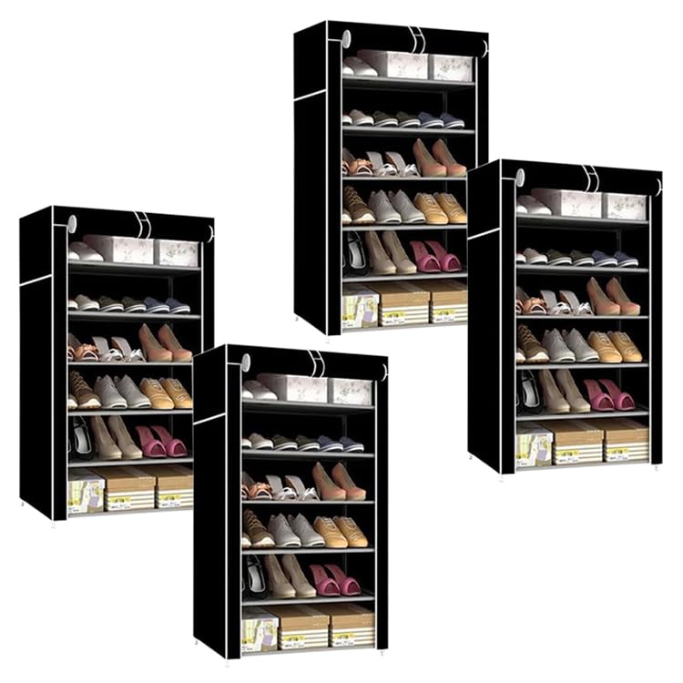 Kuber Industries Shoe Rack|Non-Woven 6 Shelves Shelf|Foldable Storage Rack Organizer for Shoe, Books-Pack of 4 (Black)