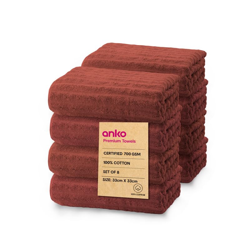 Anko Australia 100% Cotton 700 GSM Ribbed Face Towel | Set of 8 | Super-Soft, Absorbent, Quick-Drying | Rust Towel for Men, Women & Kids | 33x33 cm |Travel, Gym, Spa Towel