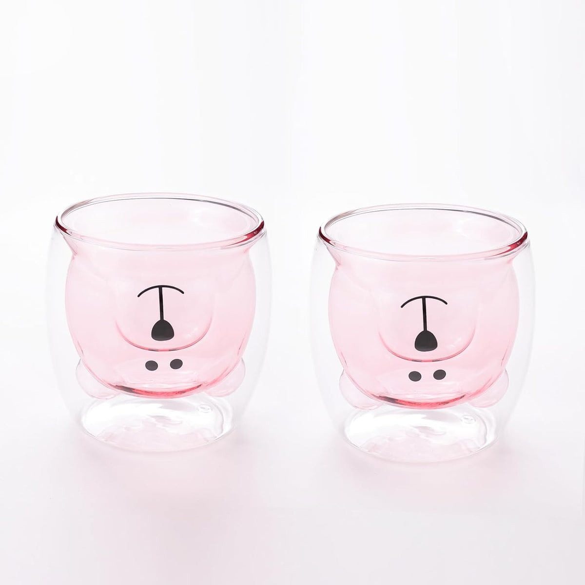 Homestic 2 Pcs Cute Teddy Bear Cups | Borosilicate Double Wall Glass Cups | Microwave Safe | Heat Resistant | Scratch Proof | 250 ML | Pack of 1 | Pink