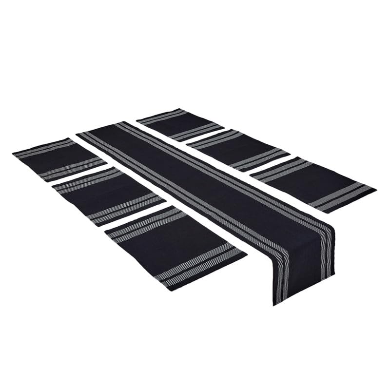 Encasa Homes Dining Set (6 Placemats in + 1 Table Runner) | Ladder Black | Fine Ribbed Cotton | Modern Colours & Designs, Use at Home, Cafes, Restaurants & Hotels - Machine Washable