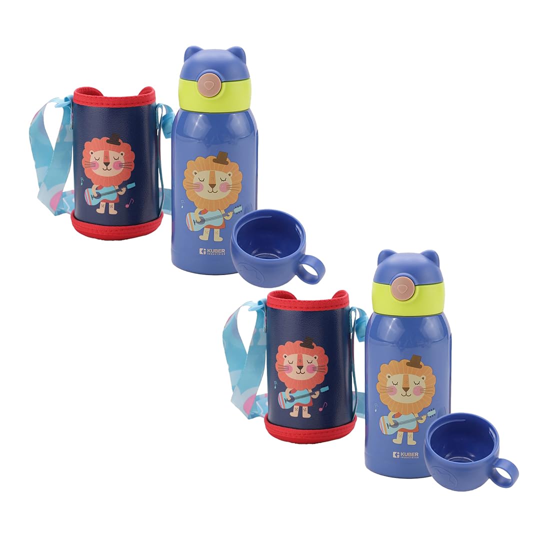 Kuber Industries Water Bottle for Kids|Stainless Steel Flask with Straw, Cup & Fabric Cover|Sipper Bottle for Kids|Food Grade Plastic Lid|Broad Fabric Strap|Leak Proof, BPA Free|500 ml (Pack of 2)