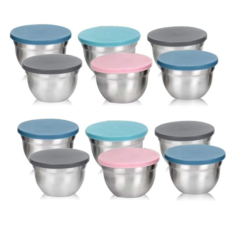 Anko Stainless Steel Bowl with Lid|Corrosion-Resistant, Dent-proof and Rust-proof Stainless-Steel Container to Store Leftover Food or for Use as a Snack Box or Lunch Box (Pack of 12)