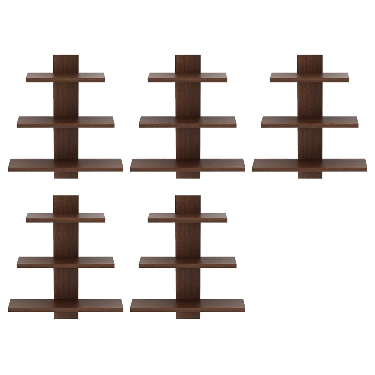 Kuber Industries Wooden Wall Shelf|Multipurpose Tree Shape Display Rack|Engineered Wood Mount 3 Tier Shelves For Office & Home Décor (Brown) (Pack Of 5)