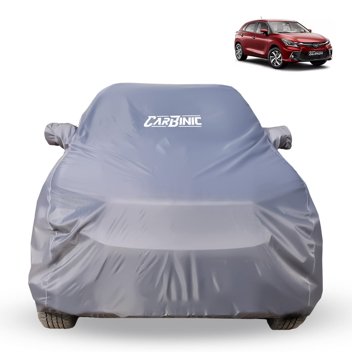 CARBINIC Car Body Cover for Toyota Glanza 2022 | Water Resistant, UV Protection Car Cover | Scratchproof Body Shield | Dustproof All-Weather Cover | Mirror Pocket & Antenna | Car Accessories, Grey