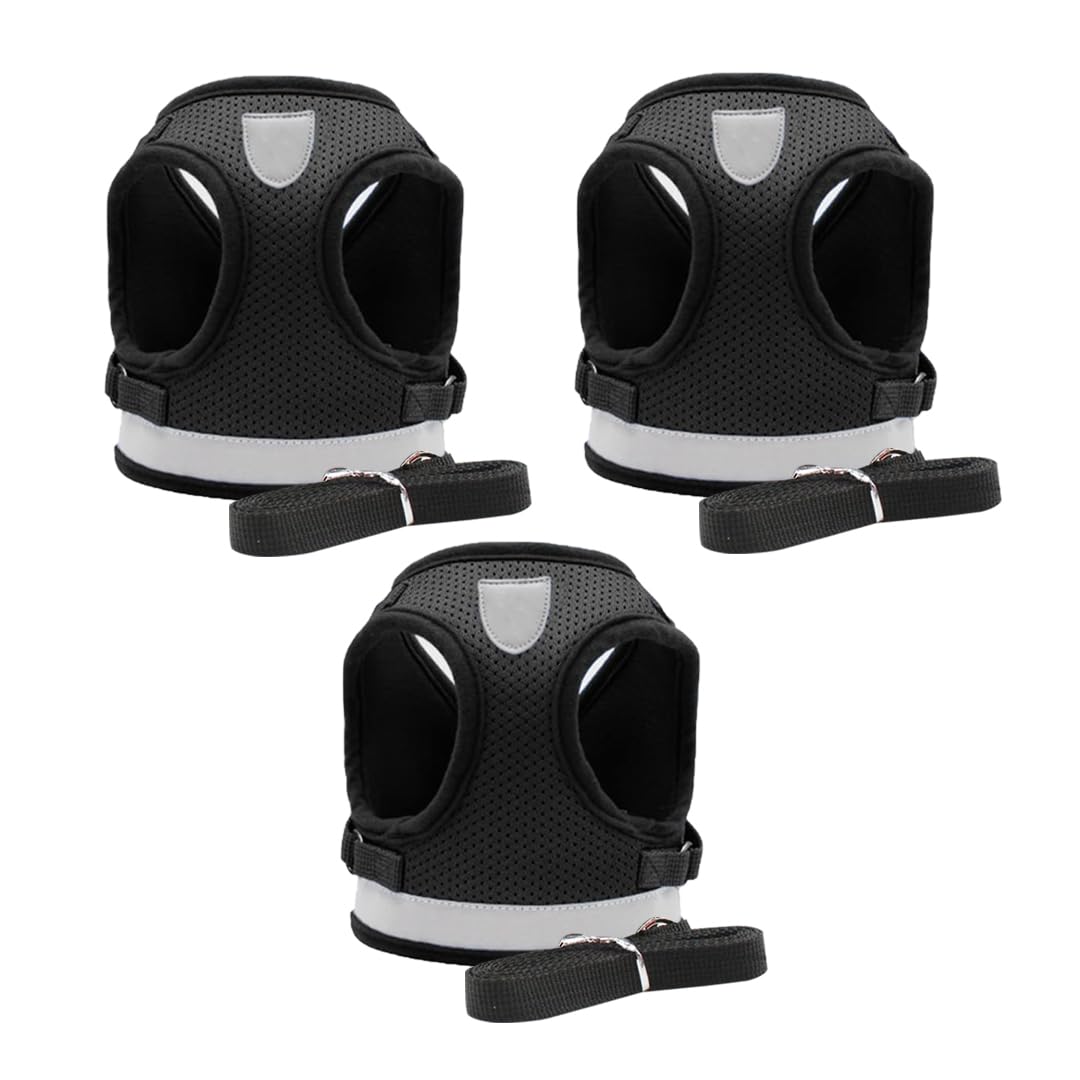 Kuber Industries Reflective Dog Harness with Adjustable Leash|Breathable Polyester Mesh Fabric |Medium Size|HT-844|Comfortable No-Pull Grip|Quick Release Buckles|Easy On-Off Harness|Black (Pack of 3)