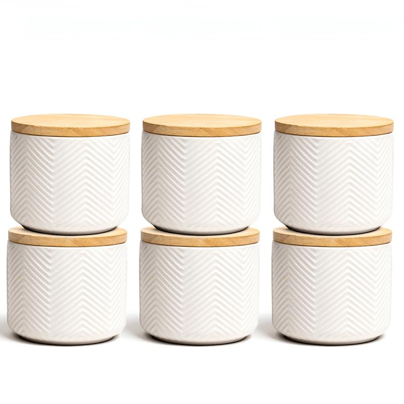 Anko 300ml Stoneware Ceramic Jars for Kitchen Storage | Container Set for Kitchen with Rubberwood Lid & Silicone Ring | Kitchen Container for Snacks, Tea, Sugar | White | Set of 6