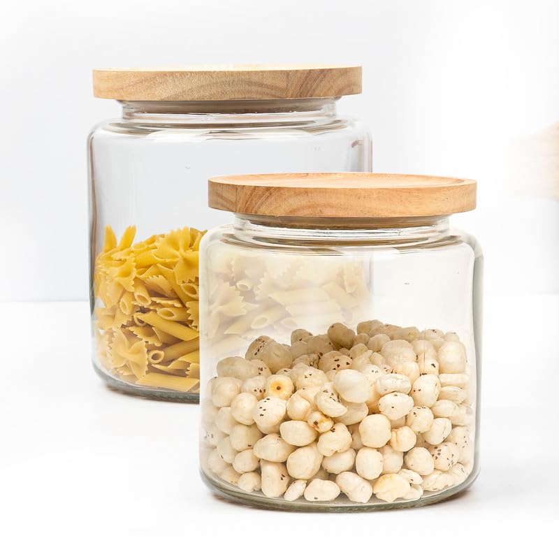 Anko 3 Litre Cylindrical Airtight Storage Glass Jar/Container with Wood Lid-Pack of 2|Canister/Container Glass Jar with Leak-proof Rubber Wood Lid & Silicone Seal|Ideal for Storing Kitchen Ingredients