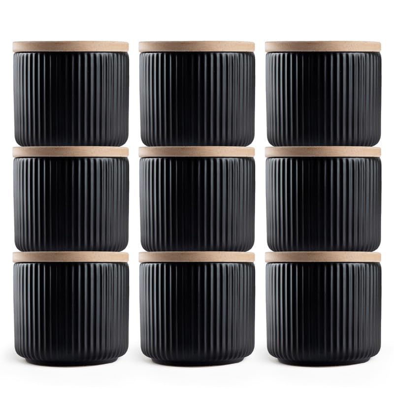 Anko 400mL Ribbed Kitchen Canister Container - Pack of 9|Airtight Reusable Storage Box with Rubberwood Lid for Coffee, Sugar, Tea, Spices|Scratch Resistant Multipurpose Organizer Jar, Black