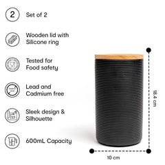 Anko 1.7L Stoneware Ceramic Jars for Kitchen Storage | Airtight Container Set for Kitchen with Rubberwood Lid & Silicone Ring | Kitchen Container for Snacks, Tea, Sugar | Black | Set of 2