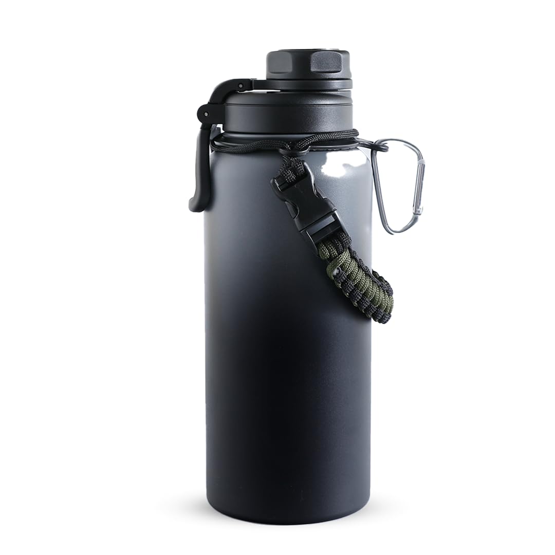 UMAI Stainless Steel Water Bottle|Vacuum Insulated Flask Water Bottles with Rope and Carabiner for Outdoor Adventures, Fitness Activities, Daily Commute|Hot and Cold Water Bottle | 960ml | Black-Grey