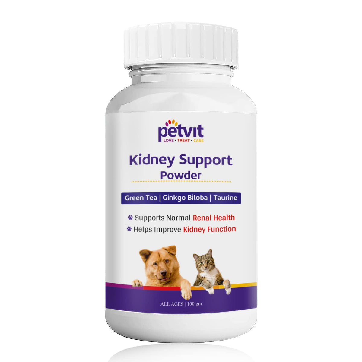 Petvit Kidney Support Powder - Natural Renal Health Supplement for Dogs and Cats (All ages)- 100 gm