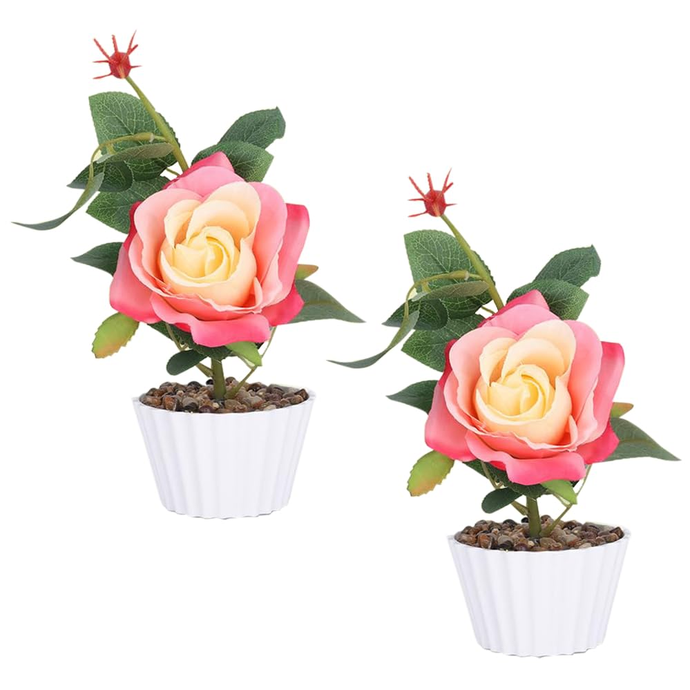 Kuber Industries Artificial Plants for Home Décor|Natural Looking Indoor Fake Plants with Pot|Artificial Flowers for Decoration-Pack of 2 (Peach)