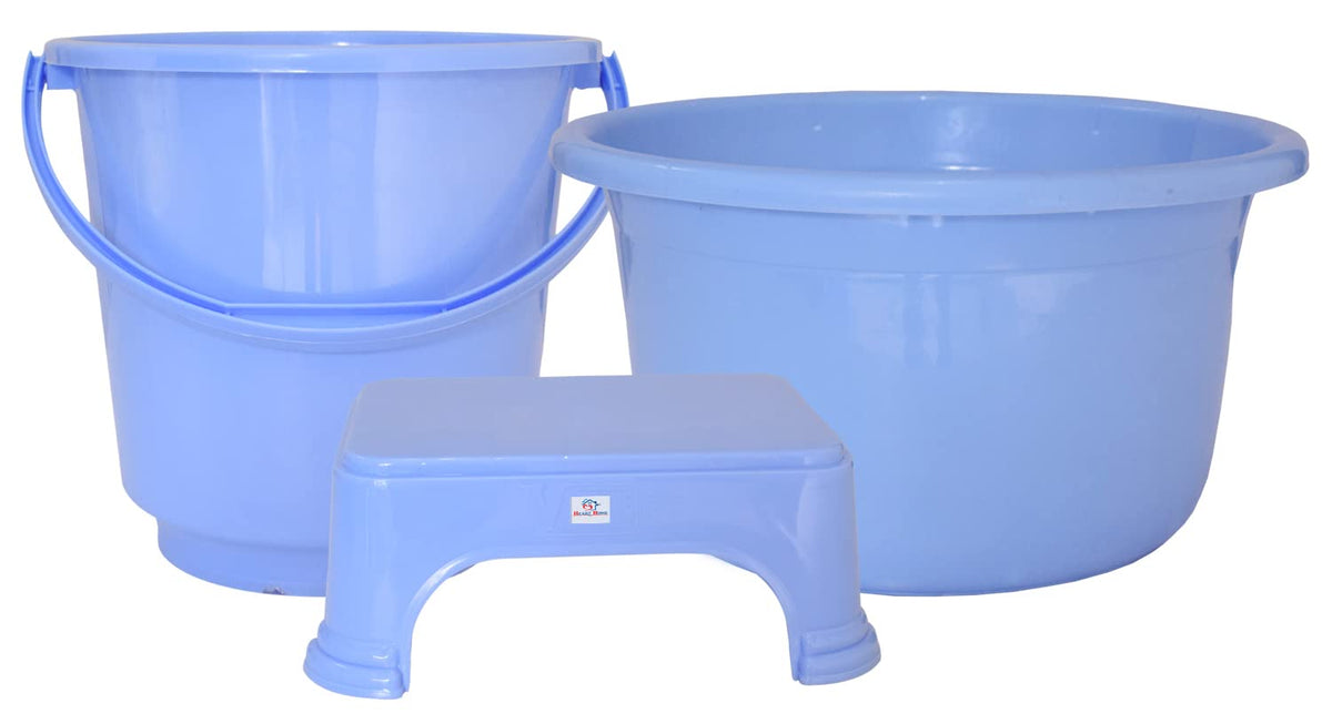 Heart Home 3 Pieces Unbreakable Virgin Plastic Multipurpose Bucket, Stool & Tub Set (Blue)